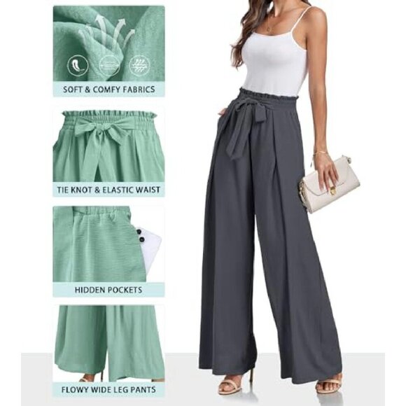 High Waisted Wide Leg Palazzo Pants with Tie Knot and Pockets - Picture 4 of 8
